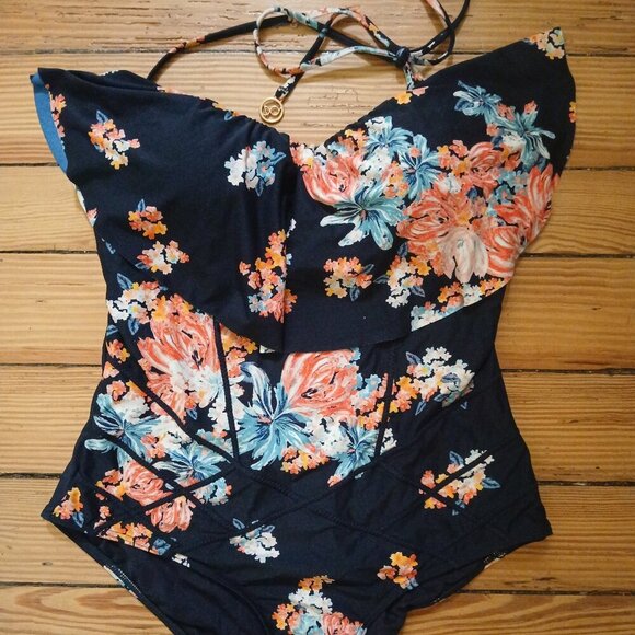 Bondeye Floral on Black Ruffle on Bust High Cut Leg Removable Neck Strap Sz 6 - Picture 11 of 11